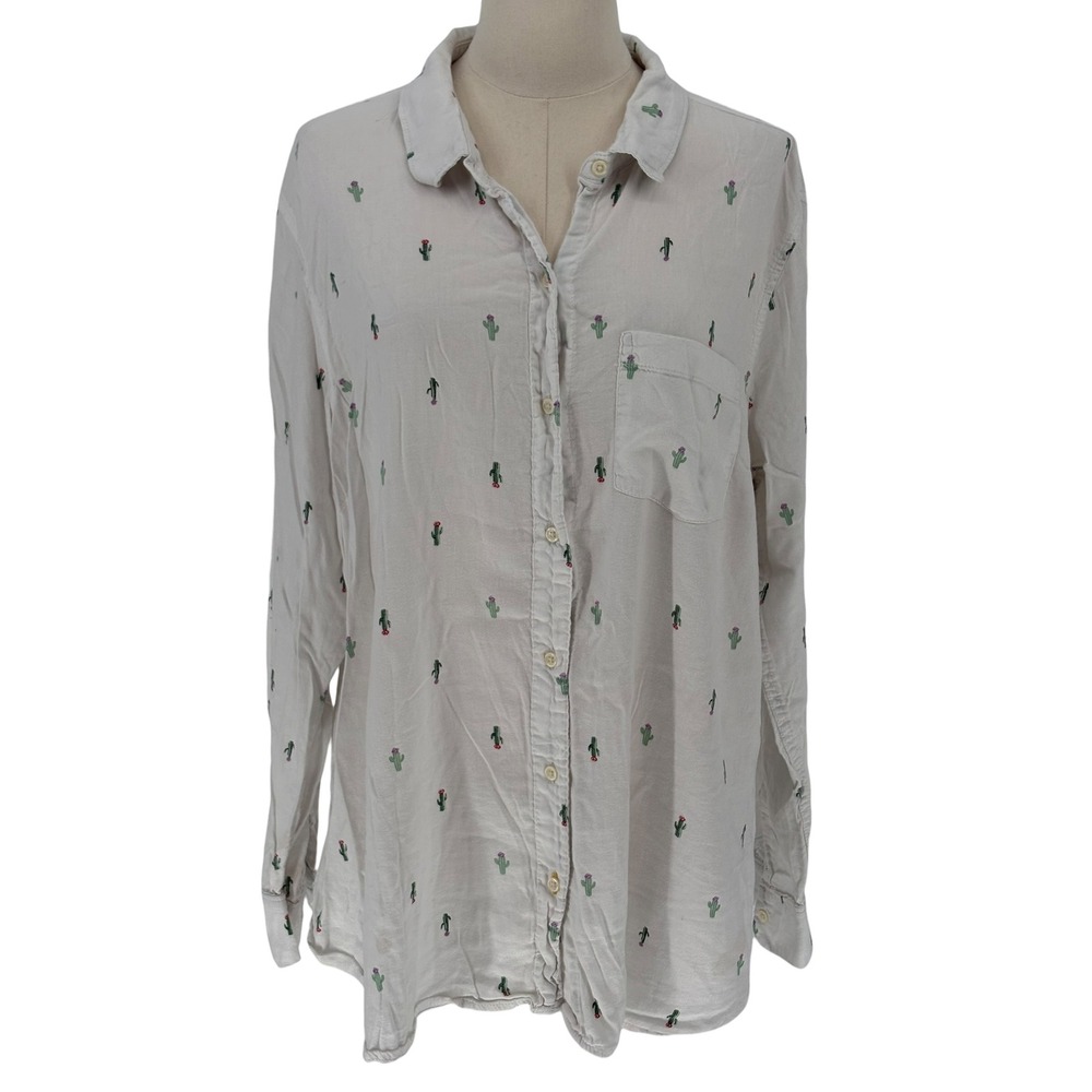 Old Navy The Classic Shirt White Cactus Embroidered‎ Button Down XL